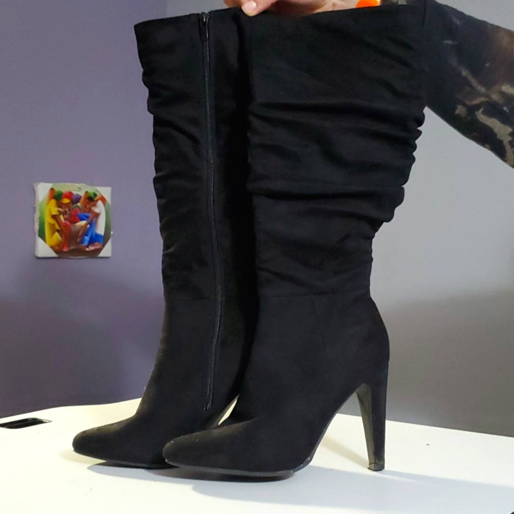 Long black heel boots tall black boots heals suede